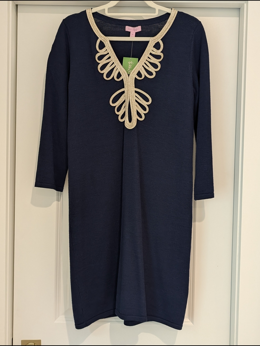 Lilly Pulitzer 100% Wool Delvin Sweater Shift Dress Navy with Gold Embroidery M